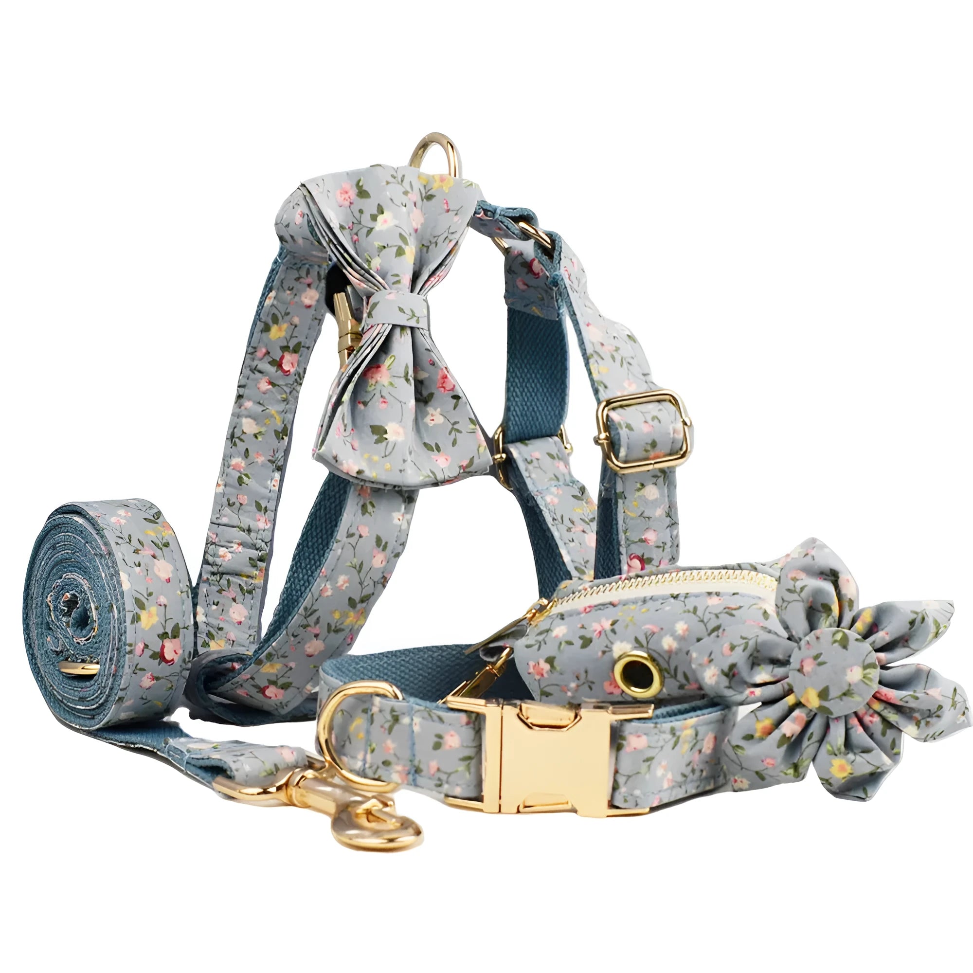 Blue floral pattern dog collar made from polyester cotton fabric with adjustable strap and decorative bow accessory.