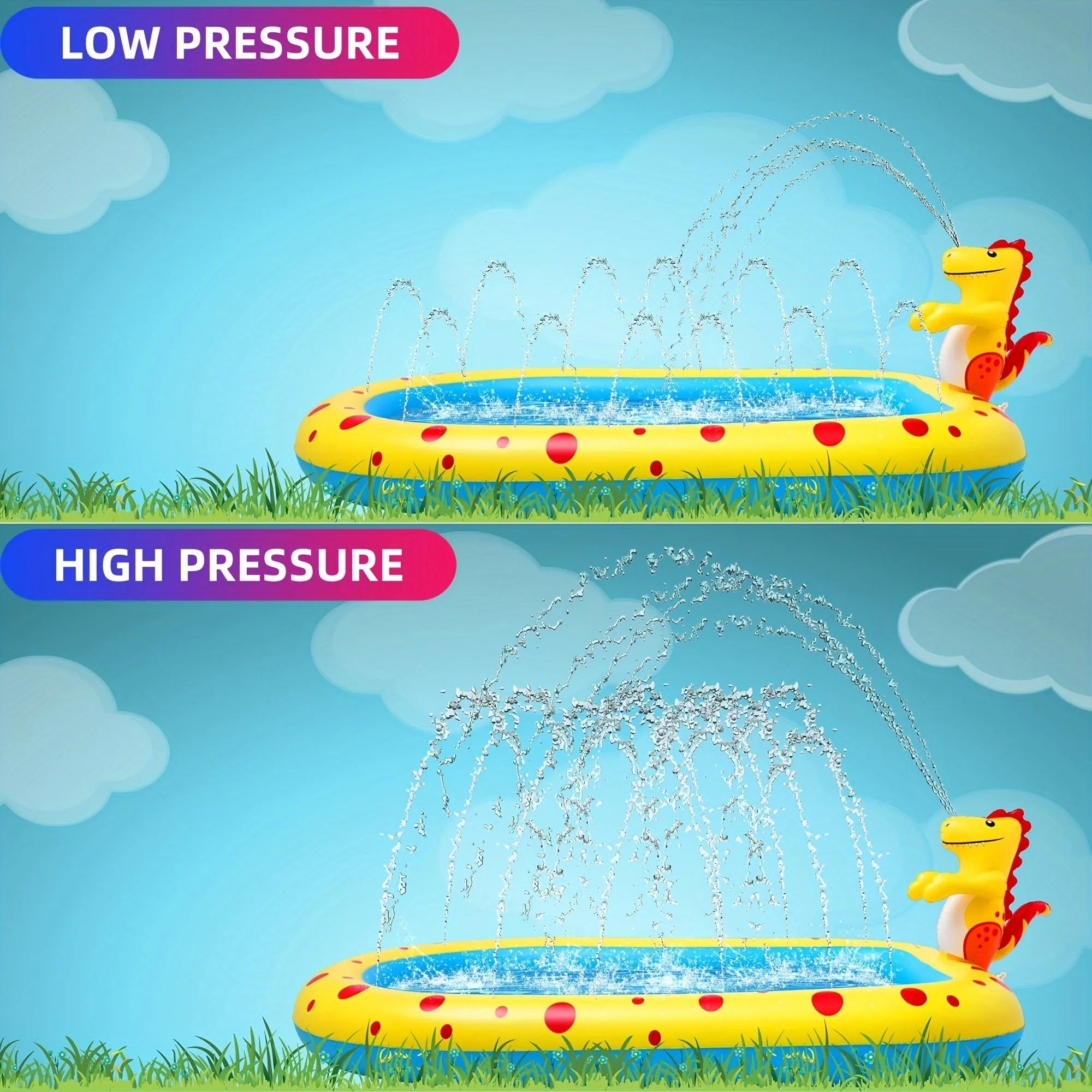 Blue dinosaur shark design inflatable water spray pool measuring 170cm long for children and pets