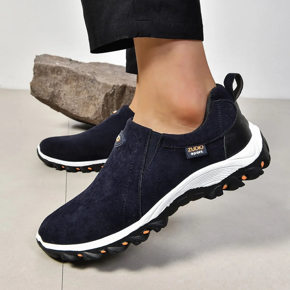Men's grey round head oversleeve shoes with a shallow mouth and rubber sole.
