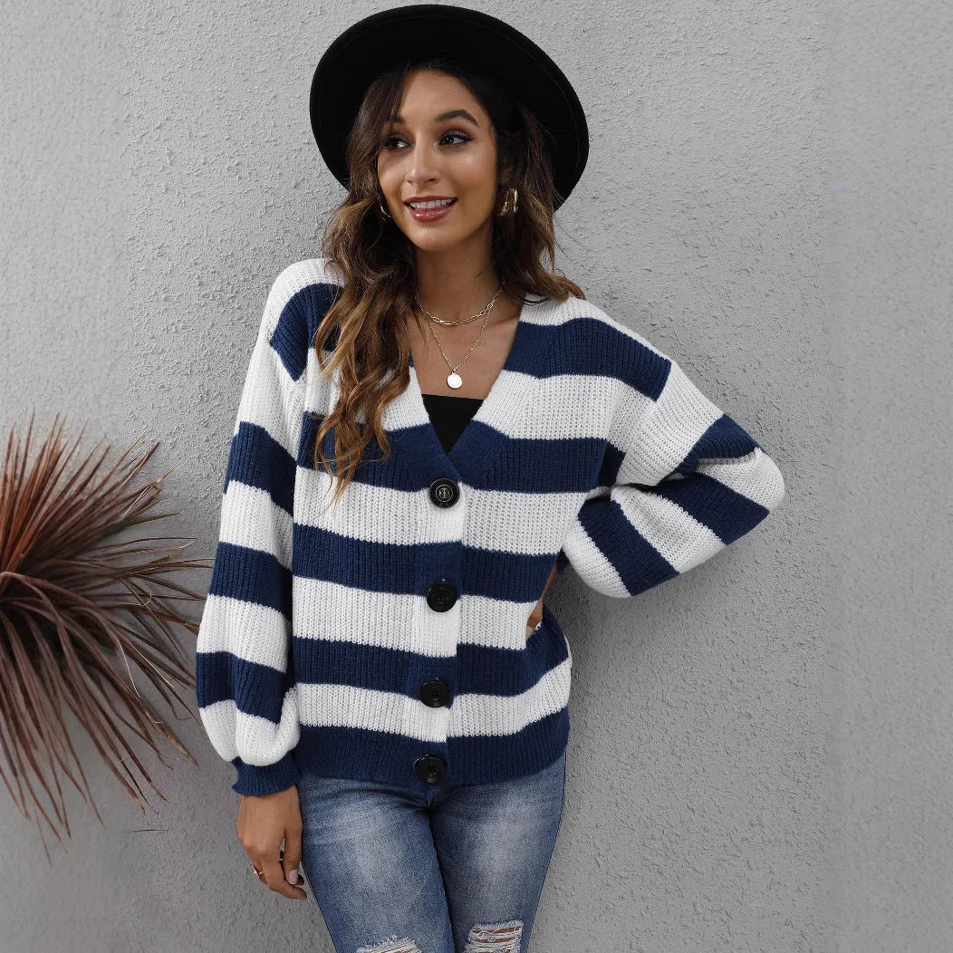 Women's striped deer plush cardigan with button front closure in blue colour