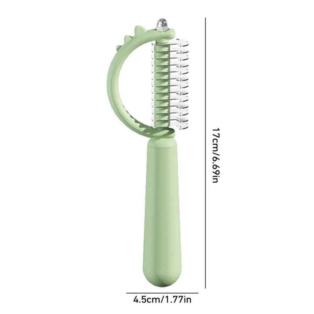 Blue dinosaur-shaped pet brush with a self-cleaning button and double-sided stainless steel bristles.