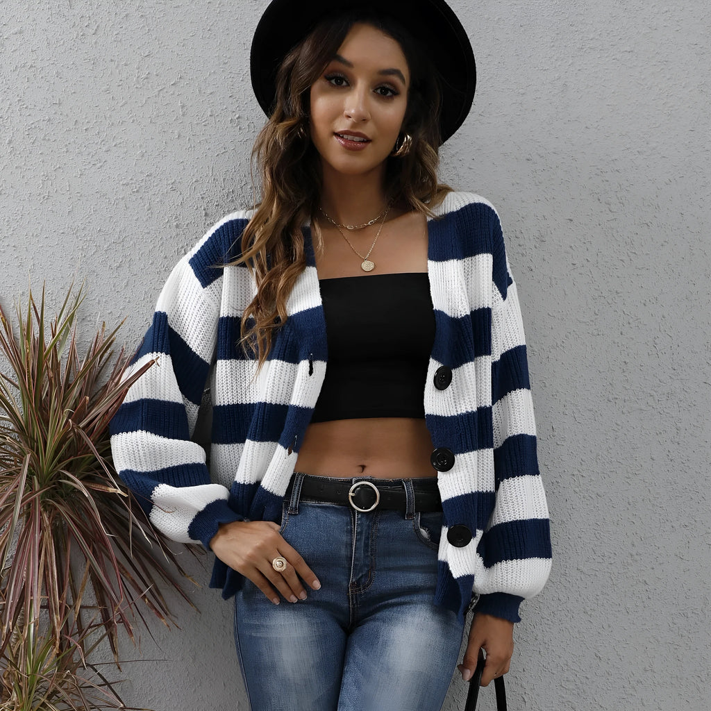 Women's striped deer plush cardigan with button front closure in blue colour