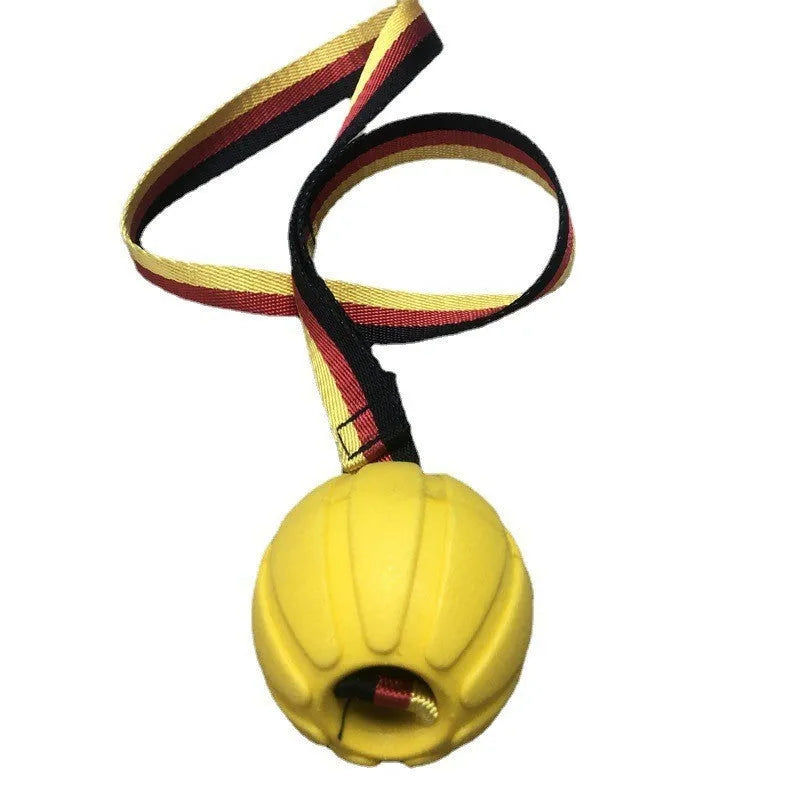 EVA floating dog training ball in camouflage and yellow colours showing three different diameter sizes