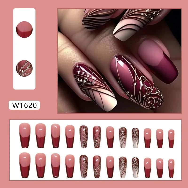24 false nails with French line pattern and adhesive glue tube