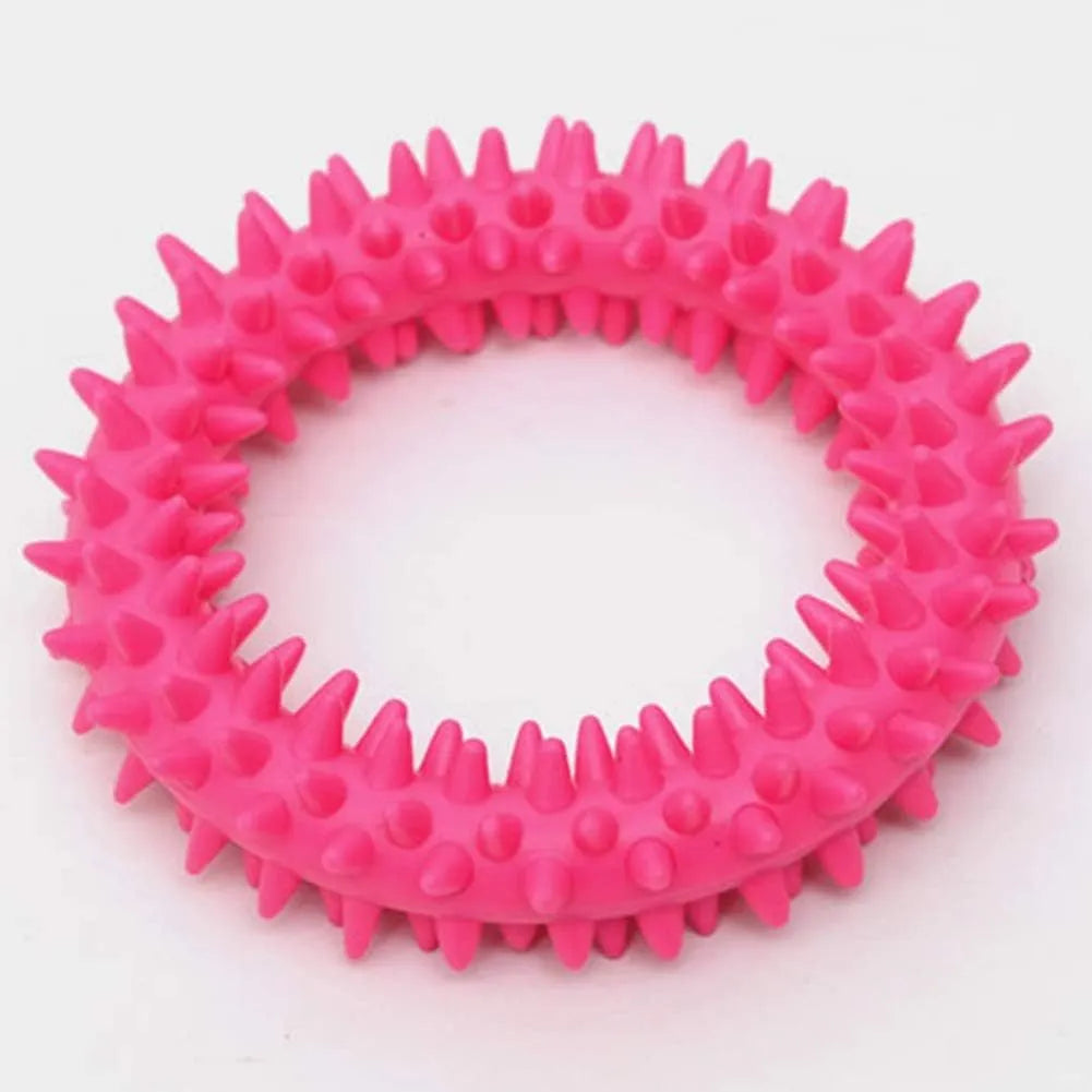 Blue TPR spiky circle ring dog chew toy for bite training and dental cleaning, 9.5cm diameter