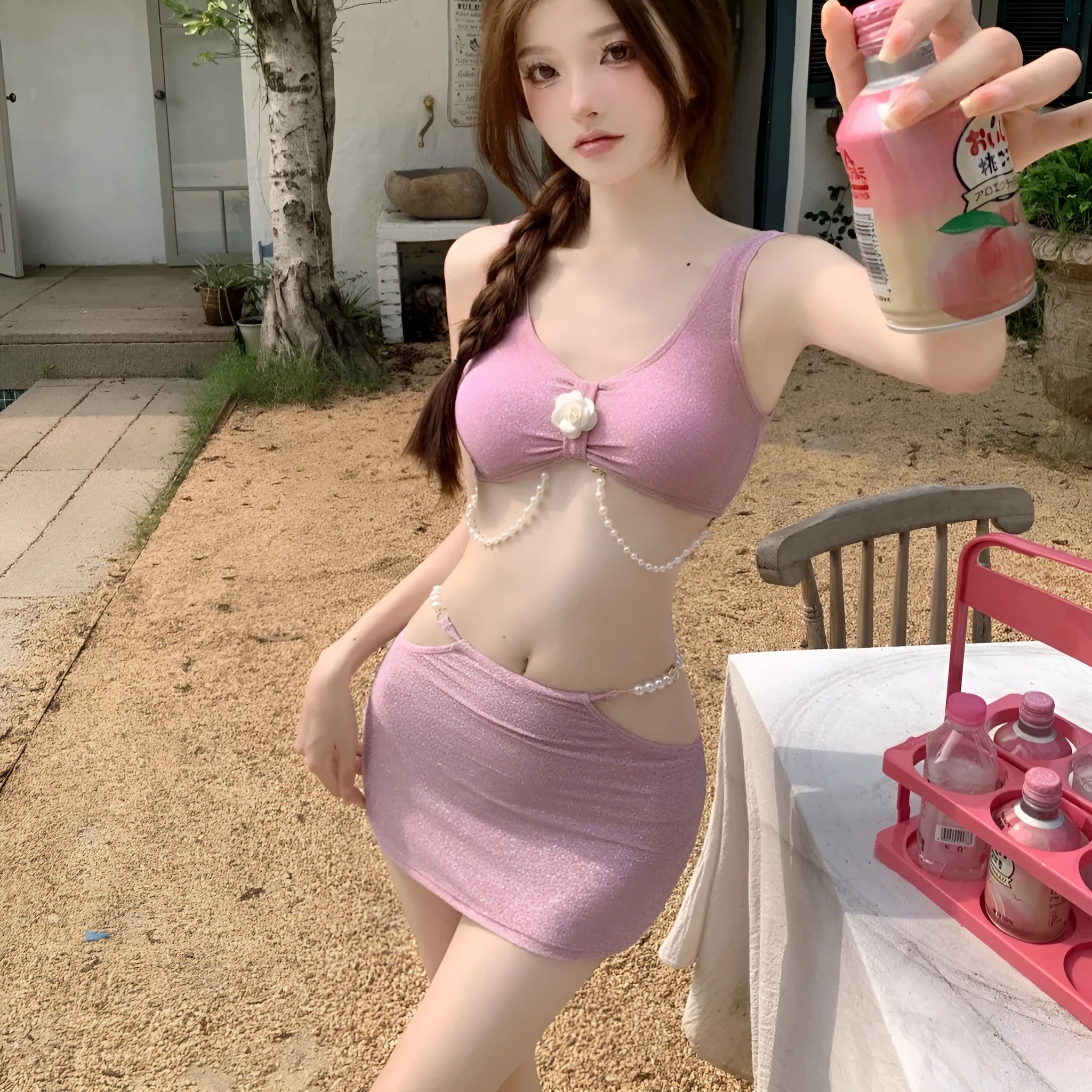Women's pink and black three-piece polyester bikini set for swimming