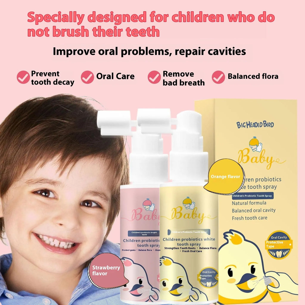 Children's probiotic white teeth cleaning spray in 40ml bottle with strawberry or orange flavour options