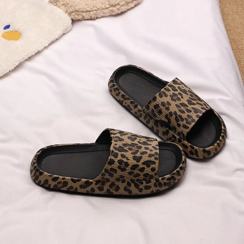 EVA material leopard print slippers with thick bottom design shown in multiple colour options