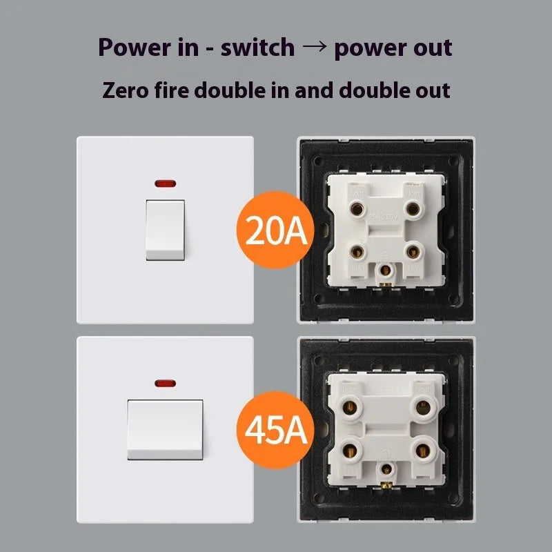 High current electrical switch with illuminated panel in white, grey, or gold for water heater and AC control.