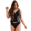 Black women's nylon bikini swimsuit showing sleeveless design and solid colour