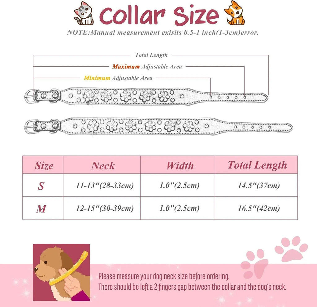 PU leather dog collar with rhinestone flower patterns and metal studs in adjustable sizes
