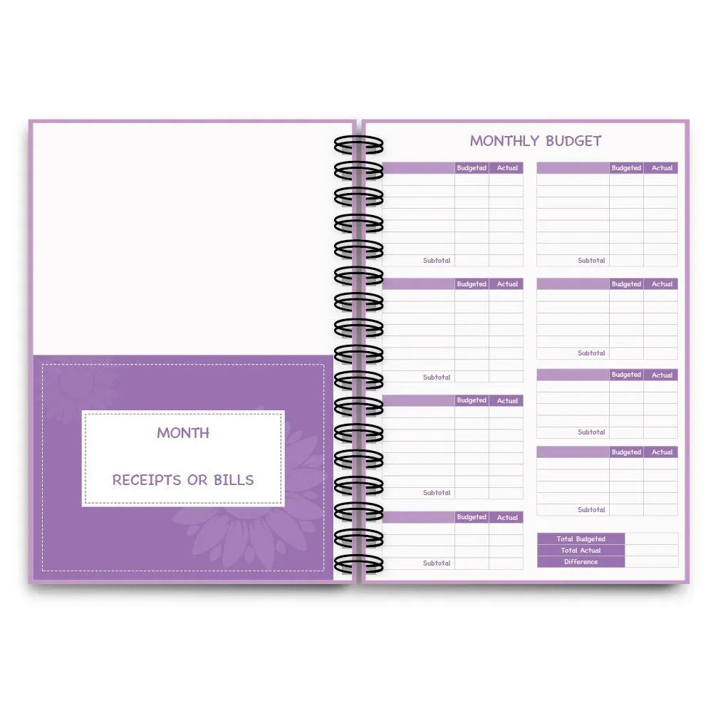 Purple coil-bound financial planning notebook with A4 dimensions for monthly budgeting