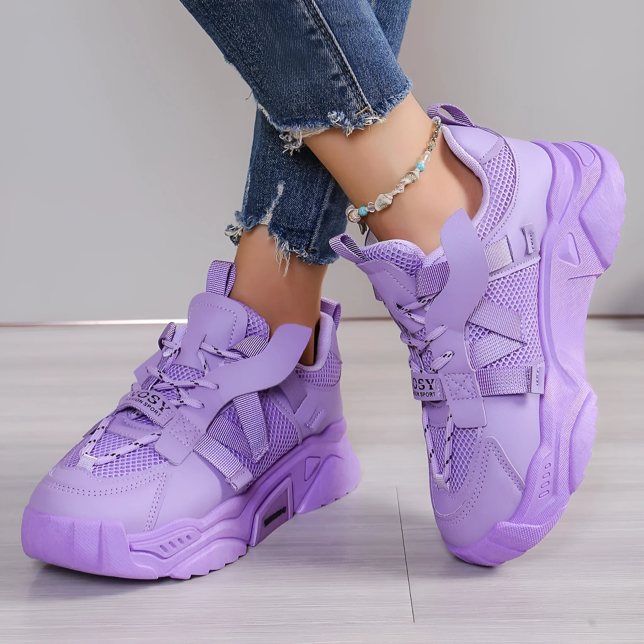 Women's platform mesh sports shoes in multiple colours with animal pattern design and lace-up closure