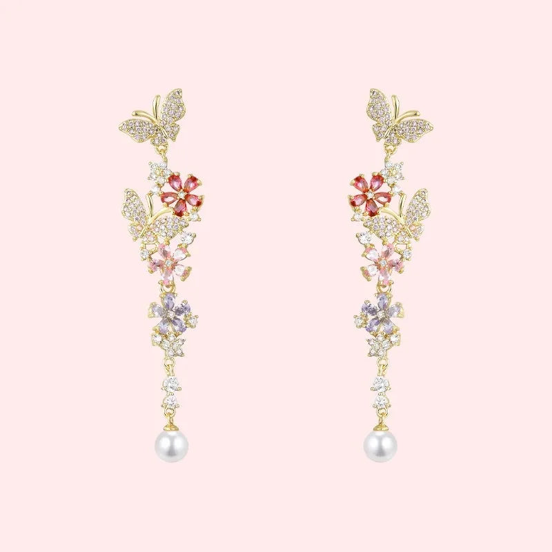 Butterfly flower detachable multicolor zircon pearl earrings with 925 silver needle stud or spiral clip on environmentally friendly brass
