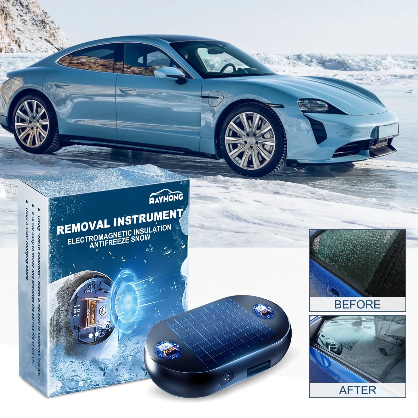 Portable anti-freezing tool for car windshield and rearview mirror, compact size 5x2.6x1.5cm, with double-sided tape base