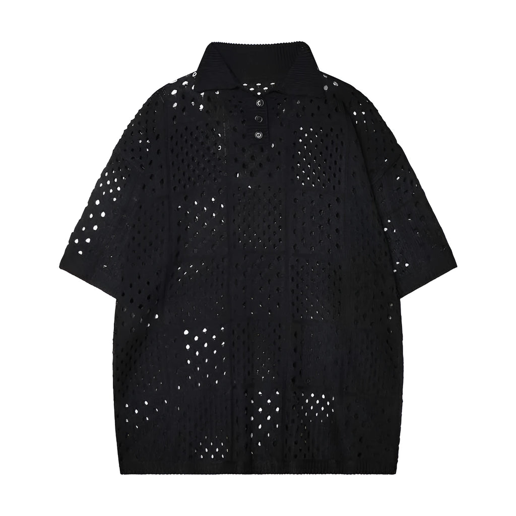 Short-sleeved knitting polo shirt with solid colour hollow design, loose cardigan style
