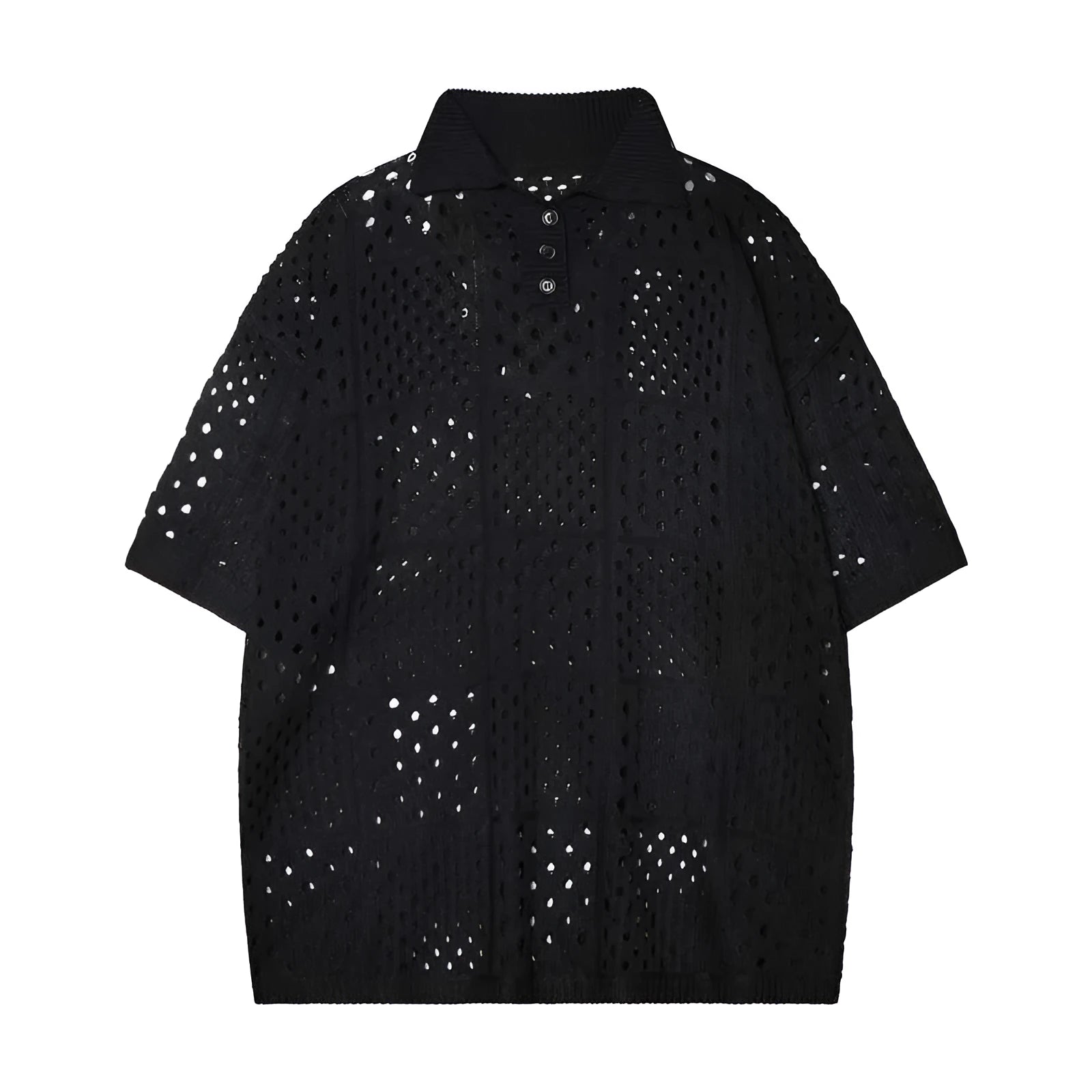Short-sleeved knitting polo shirt with solid colour hollow design, loose cardigan style