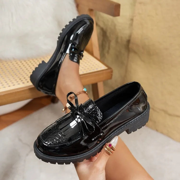 Women's brown and black bow loafers in artificial PU leather for spring and autumn seasons
