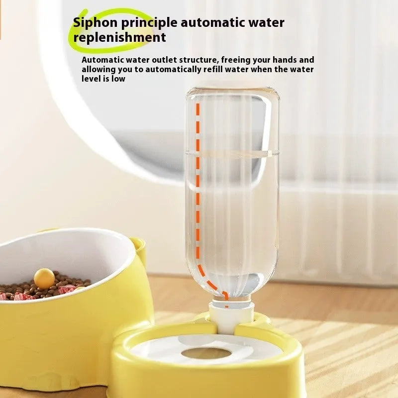 Double bowl automatic pet drinking fountain in haze blue colour with food and water compartments