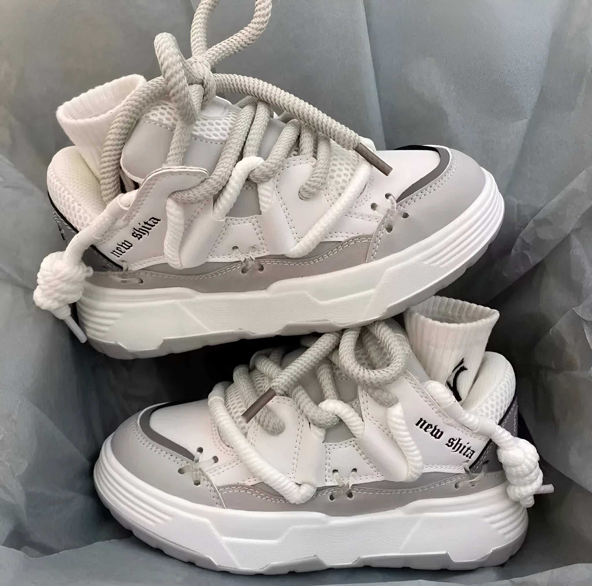 Women's grey retro platform sneakers with chunky rubber soles and 6-8cm heel height
