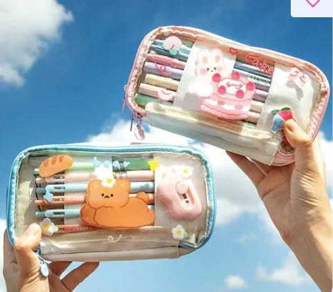 Japanese transparent heart pen bag with rabbit design showing pens inside