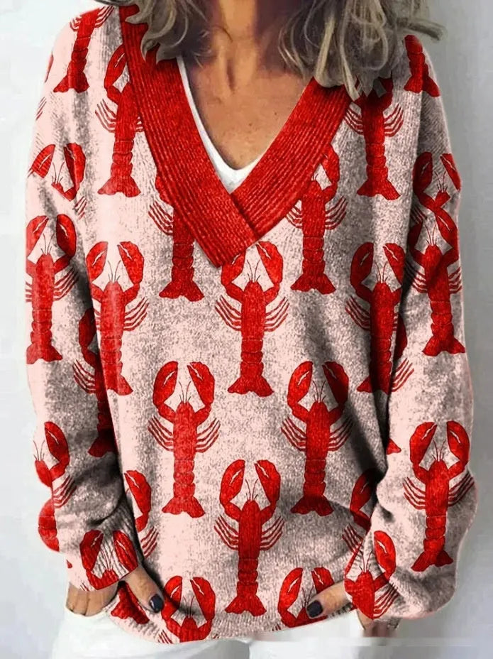 Women's V-neck long sleeve sweatshirt with a full-coverage 3D floral printed pattern in an art retro style.