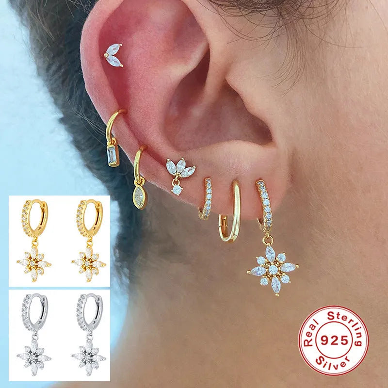 Sterling silver snowflake pendant earrings with geometric design in yellow gold or white gold colour