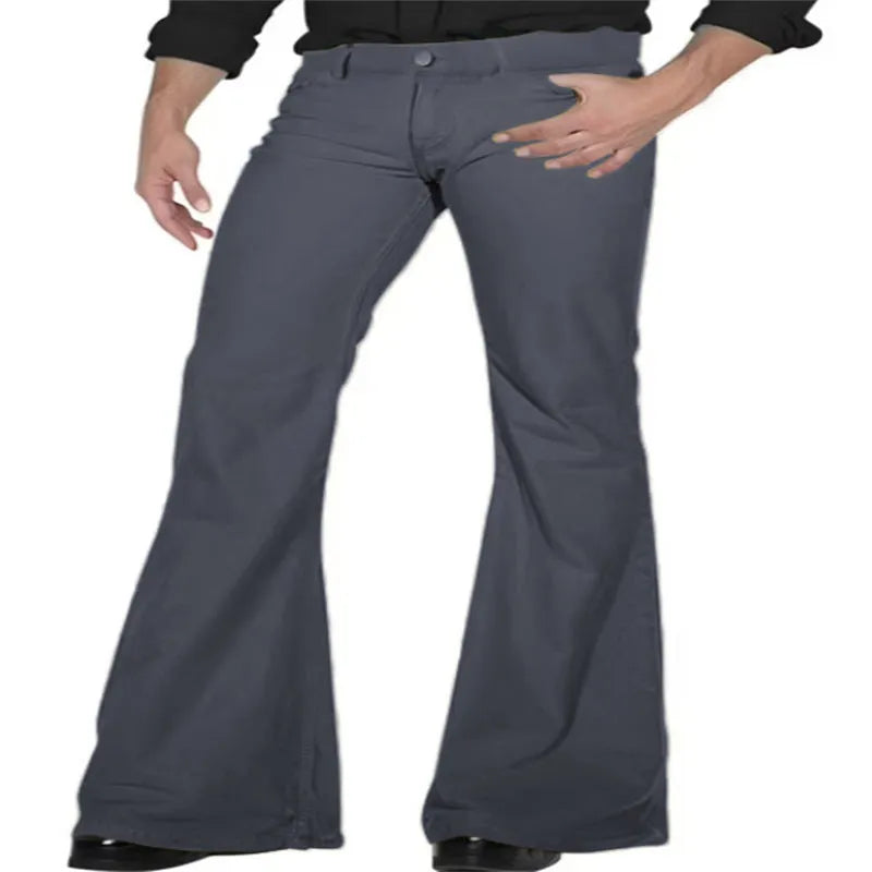 Solid colour high-elasticity polyester bell-bottom trousers, mid waist, zip placket, available in multiple colours including black and white