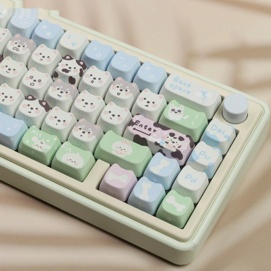 PBT dye-sublimation printed keycap set with colourful animal designs for mechanical keyboard customisation
