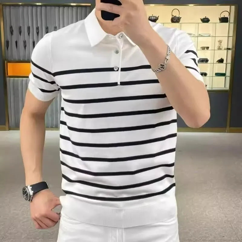 Black and white striped knitted T-shirt with a lapel collar, long sleeves, and a pullover style.