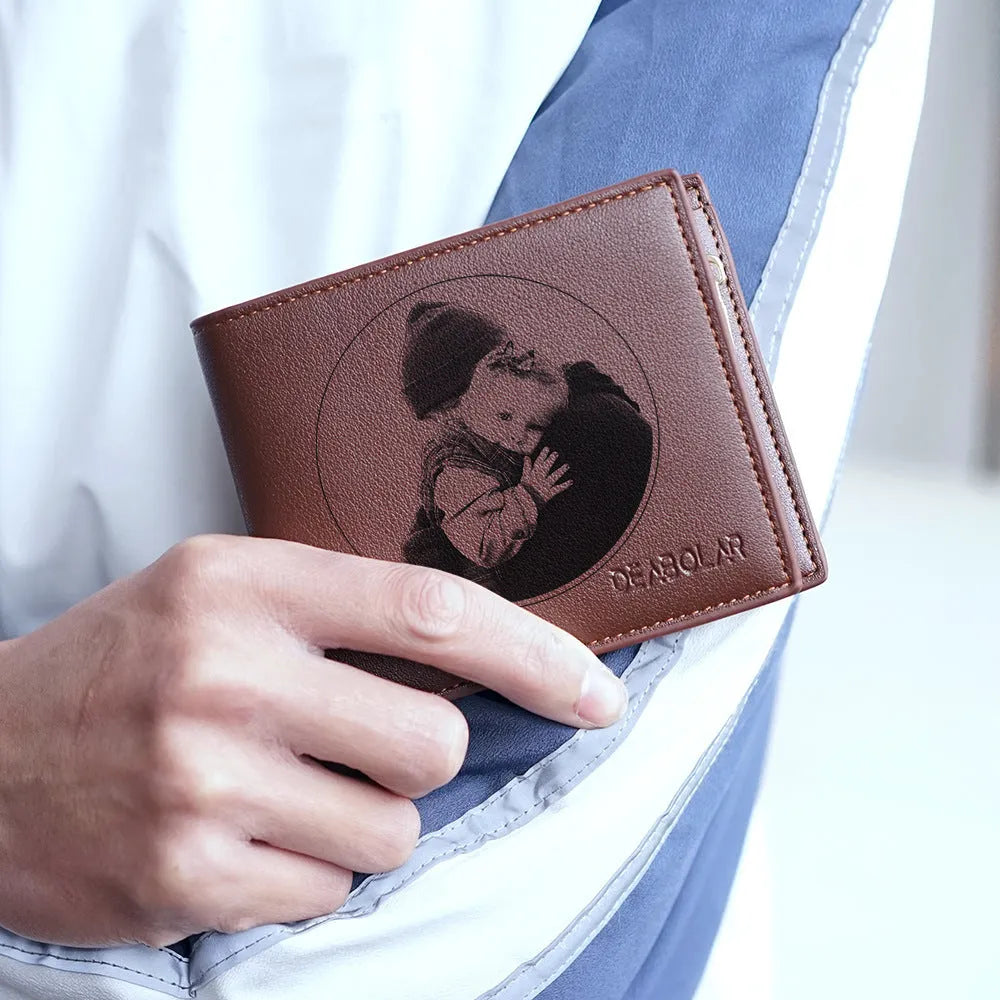 Men's leather wallet with a zipper closure, presented in individual packaging.