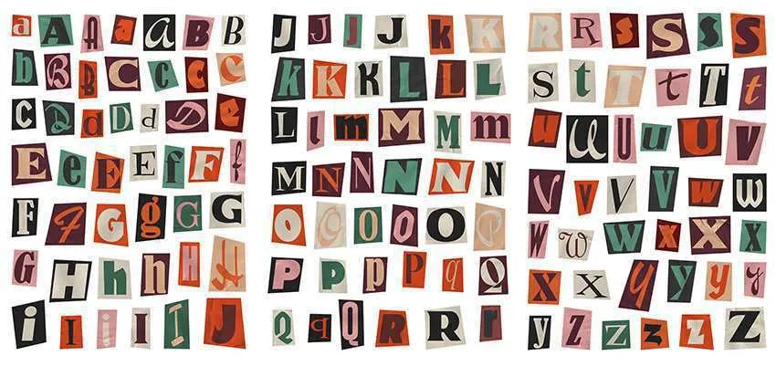 Set of cute style printed stickers showing English letters A, B, C, D, E and weekly words on a sheet.