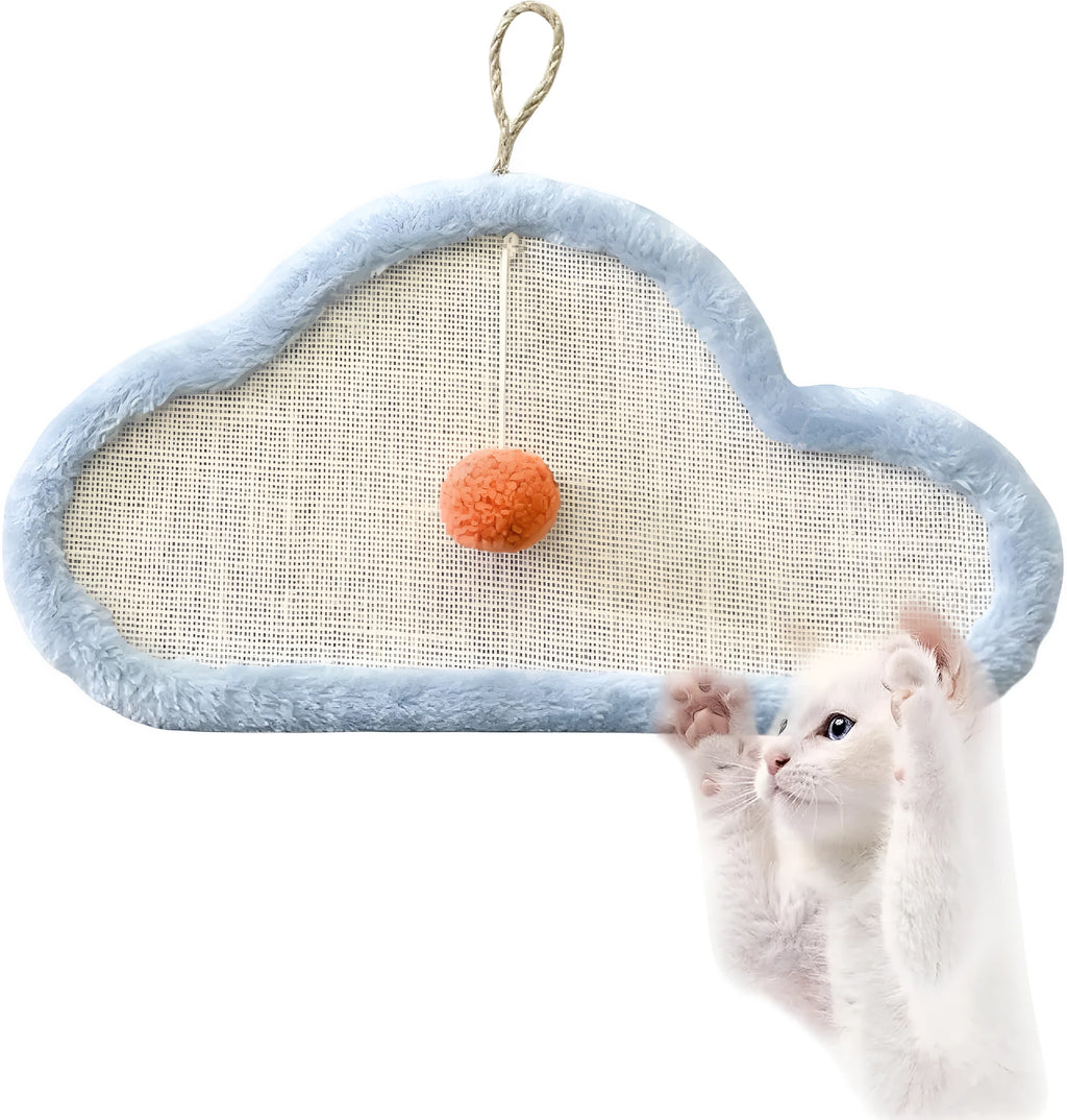 White cat scratching mat with sleeping cat pattern design mounted on wall