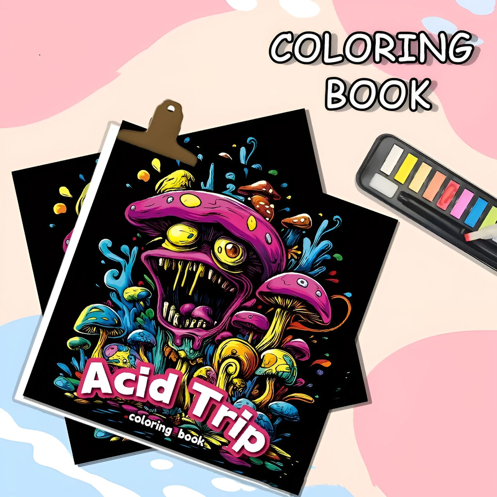 Acid Tour coloured painting book with a length of 200mm, open to show blank paper pages.