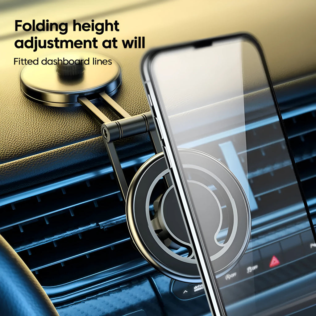 Telescopic folding car phone holder with magnetic mount on car dashboard