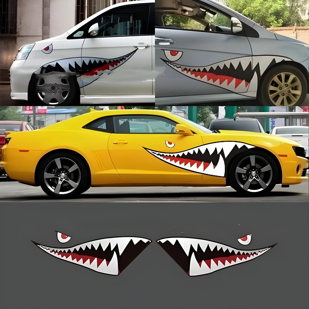 Large Shark graphic car body sticker shown on a vehicle, available in two height options.