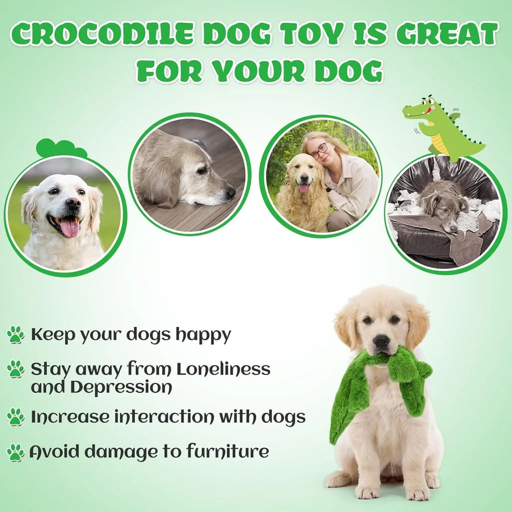 Green crocodile plush dog toy with no-stuffing design for aggressive chewers