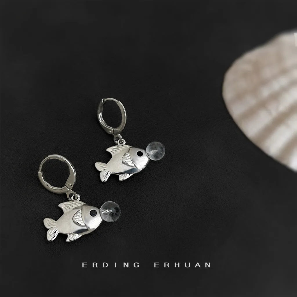 A pair of Bubble Fish design goldfish earrings made from copper with an electroplated finish.
