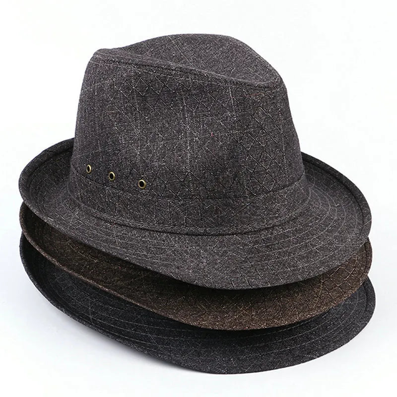 Thickened fedora hat for men in classic colours on a hat stand, showing the structured brim and crown.