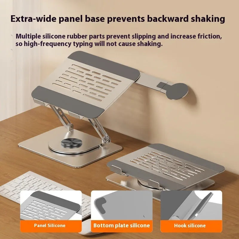Silver carbon steel laptop stand with rotating magnetic phone holder for 17-inch laptops