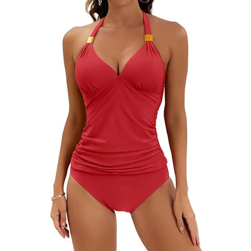 Women's red halter neck two piece swimsuit with tie back and matching high-cut brief shorts