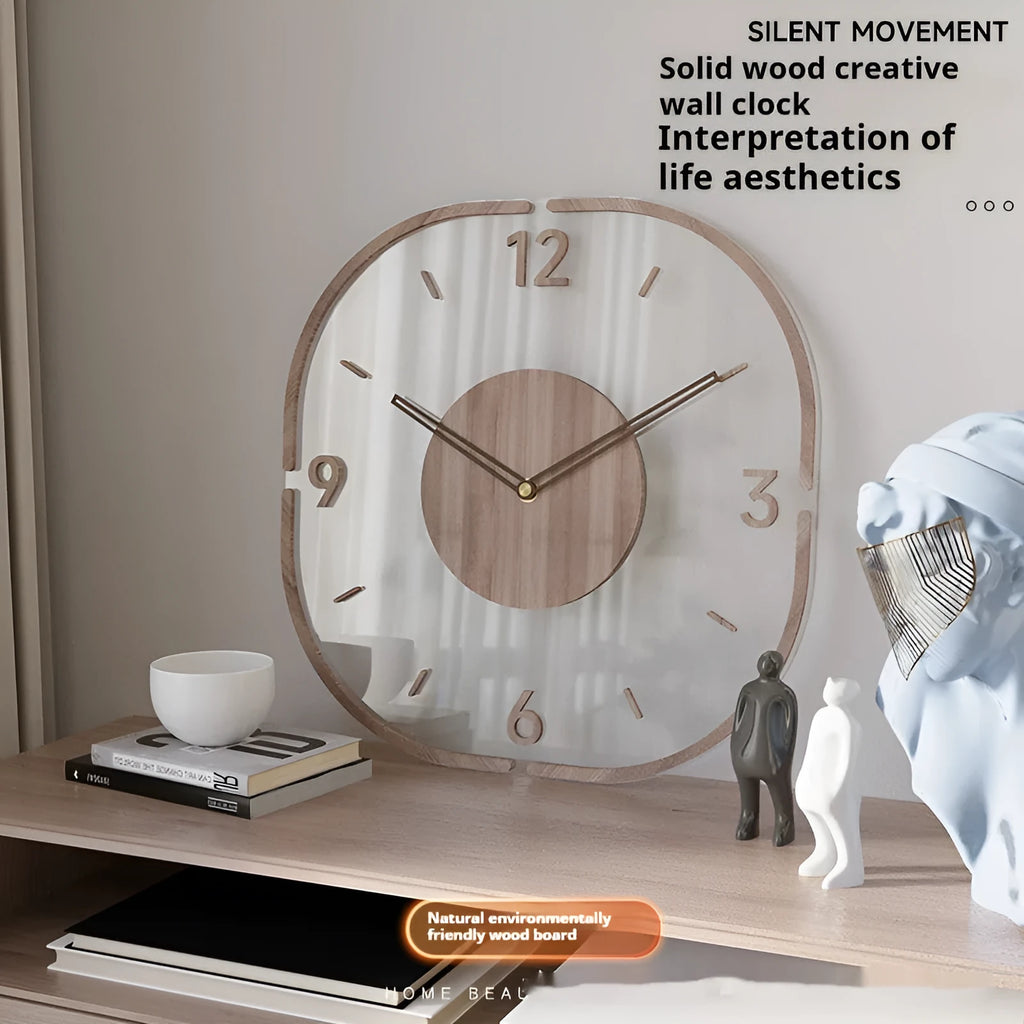 35cm square transparent wall clock with wooden frame in modern design