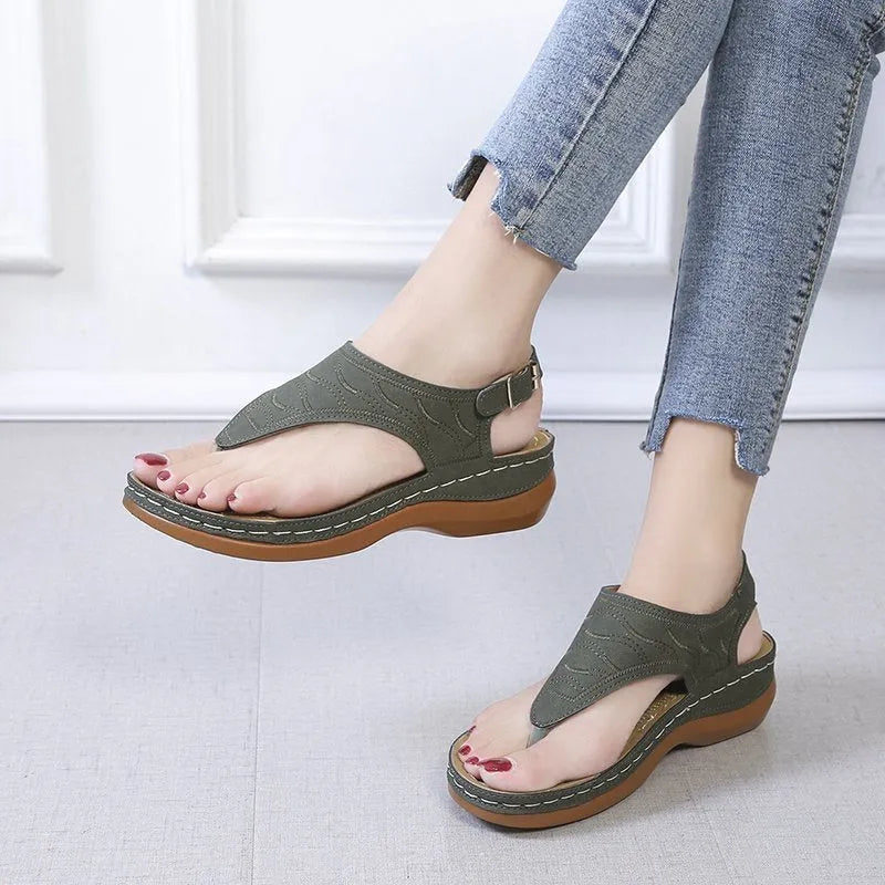 Women's wedge heel flip flop sandals with adjustable buckle strap in solid colours