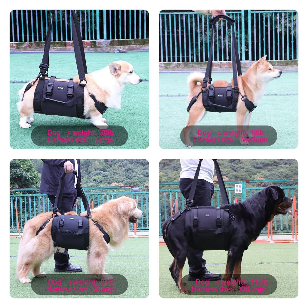 Black Oxford cloth dog rehabilitation harness with leg support and breast strap.