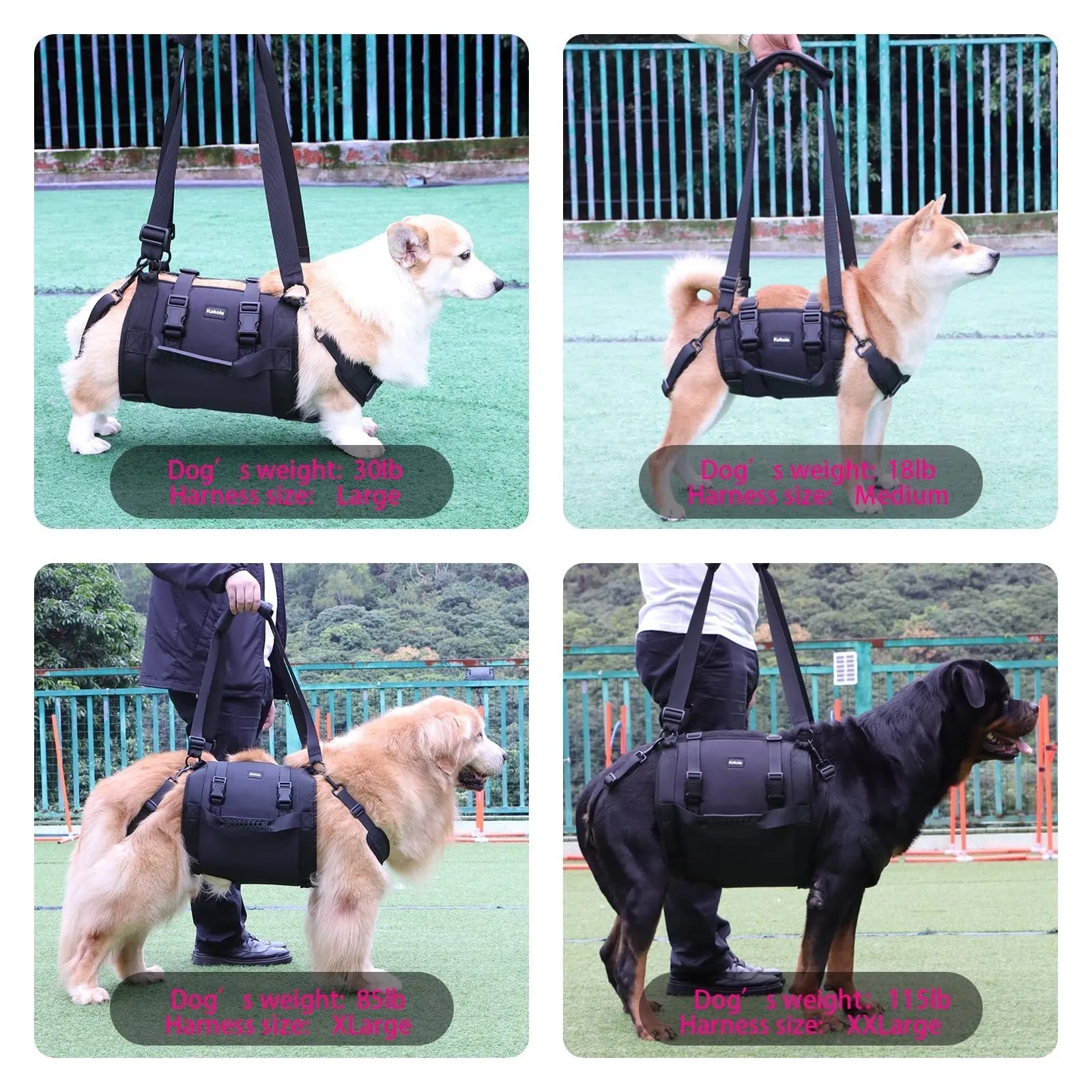 Black Oxford cloth dog rehabilitation harness with leg support and breast strap.