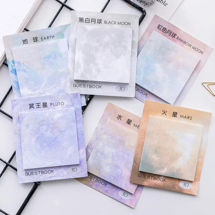 Square planet oil painting design sticky note notepad, 7.3cm, showing cover colour options.