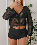 Women's apricot hollow woven cardigan blouse with bell sleeves, short length.
