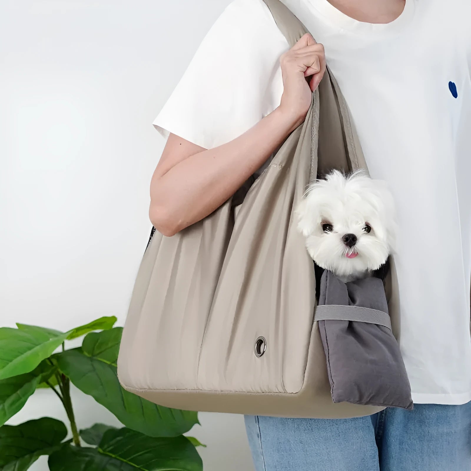 Apricot cloth pet carrier bag measuring 41cm length 16cm width 28cm height