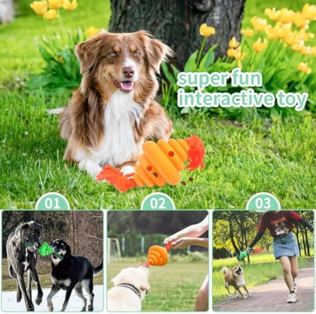 Green and yellow silicone dog ball with integrated rope, shown as a food-dispensing chew and tug toy.
