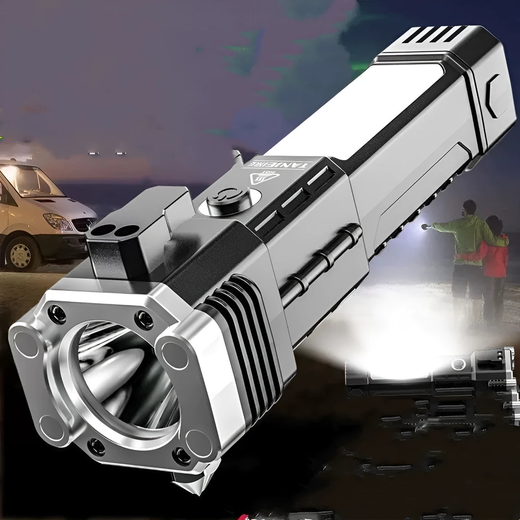 Silver coloured portable LED emergency work light and power bank with strong beam flashlight.